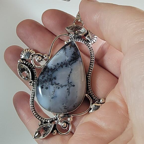 Sterling Silver Pendant with Dendritic Opal & Clear Quartz – Artisan Gem Jewelry - Picture 3 of 10